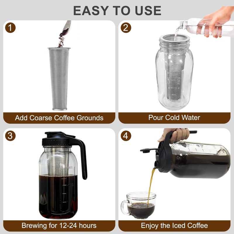 Heyglee Cold Brew Coffee Maker, 64oz Cold Brew Pitcher with Stainless Steel Filter & Coffee Mat, Glass Cold Brew Mason Jar with Airtight Lid, Cold Brew Brewer Kit Tea Infuser Pitcher, Gifts for Coffee Lovers - Image 3